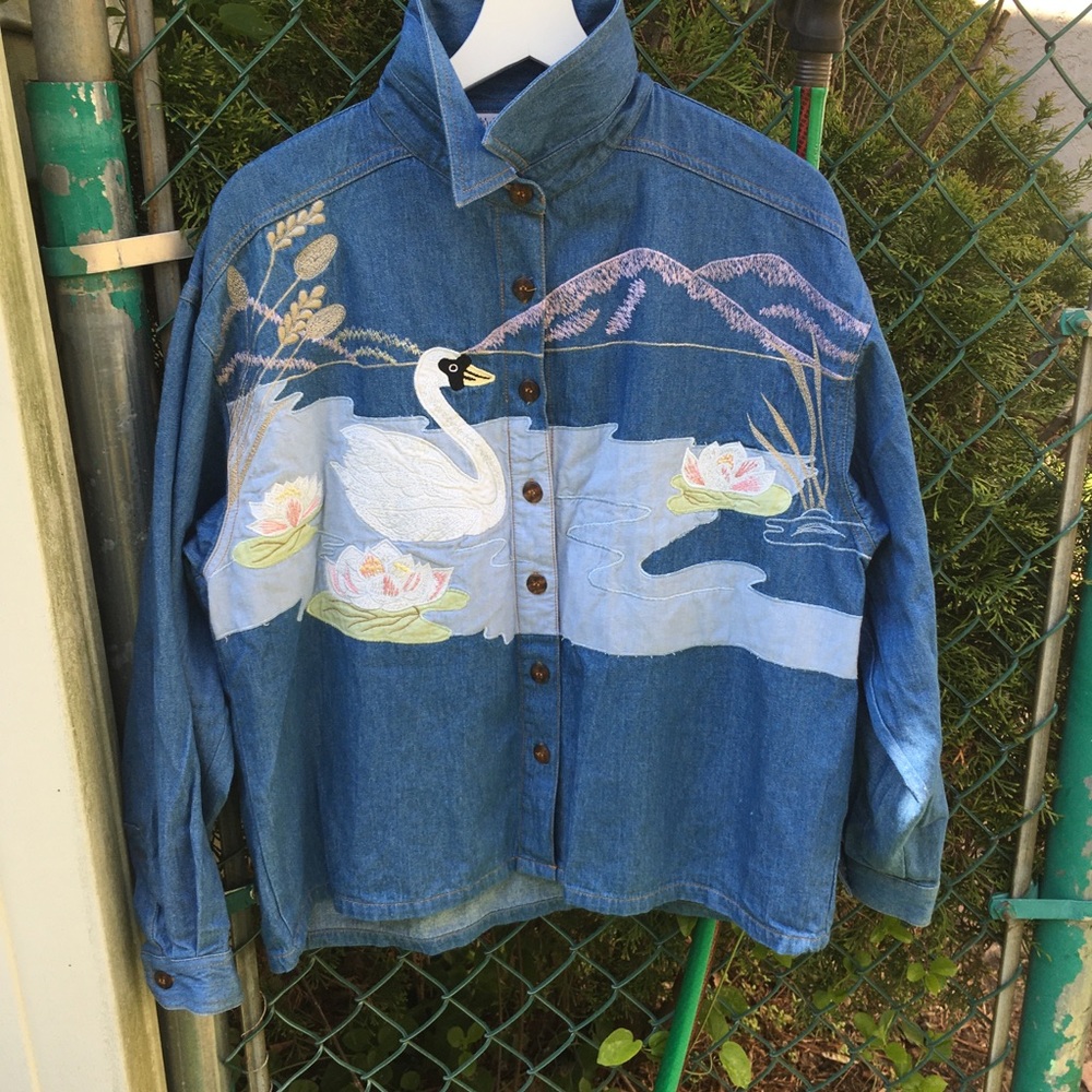 Vintage denim button up with a lake scene appliqué